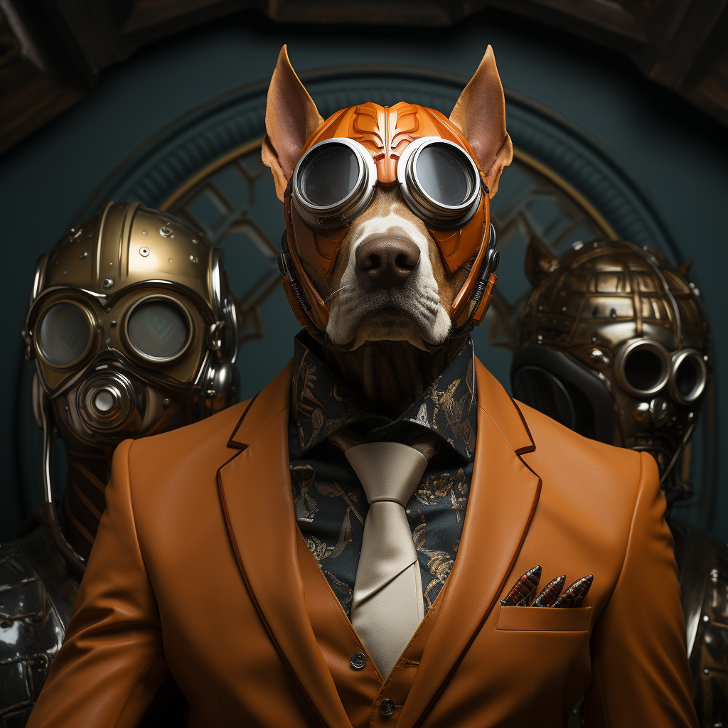 Ernie is the boss dog and wants to make sure everyone knows by his appearance. Ernie is a huge great dane, with pointy ears, and he's wearing a leather helmet of sorts with goggles over his eyes, making for an intimidating impression. He is wearing a snappy orange suit, with a copper tie, bulging around the chest because of his muscly frame. He is facing the camera and shown only from the shoulders up. He has two minion-like guards behind him, who only are visible as copper helmets with goggle eyes. In the background, there is a circular door, like a vault door, in light blue.