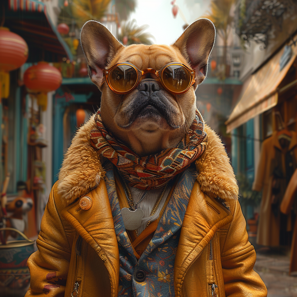 DESCRIBING: A square color photograph
DESCRIPTION: A French Bulldog-like character, dressed in a long and orange winter coat is shown from about the waist up. He is looking straight ahead, into the camera, but his eyes are obscured by round sunglasses. His distinctive Frenchie ears, which stick straight up from the top of his head, have rounded tips, and they are facing forward, also toward the camera, like he is listening intently to what is in front of him. This 'Dog has a dark cream fur, but that hair coloring is mostly covered by his outfit, which, besides the coat, includes a scarf, a vest, and several layers of clothes. He has a very stylish look, like he is dressed for the occasion, and this moment shows him walking through an outdoor tropical market, with hints of palm trees in the background and Chinese lanterns hanging from one of the shop's awnings.