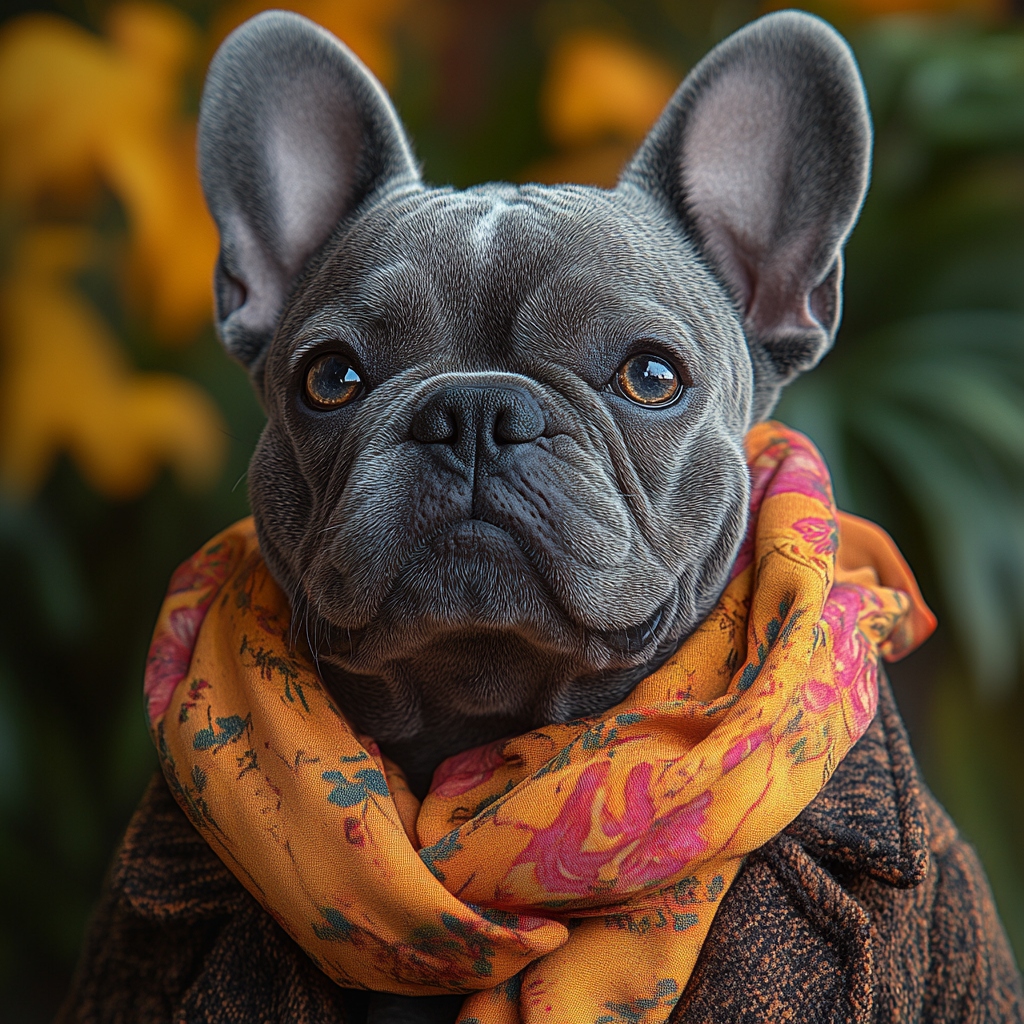 DESCRIBING: A square color photograph
DESCRIPTION: A gray French Bulldog is looking slightly to her right, away from the viewer's gaze, in this portrait of Watchdog Charlotte. She is shown from roughly the shoulders up, wearing a brown coat and orange scarf. Her rounded ears are pointing straight up and facing the camera, inferring that she is listening to what is happening in front of her. She has the short snout and wrinkly face of a Frenchie, with all gray fur except for a slight white stripe on her forehead. The background of the portrait is blurred but shows hints of orange tropical flowers.