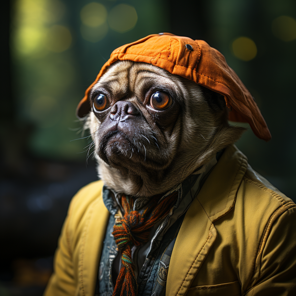 DESCRIBING: A square color photograph
DESCRIPTION: Chester, the 'Dog, is a pug-like persona dressed in a golden suit jacket and wearing an orange beret. In other words, he's simultaneoulsy colorful, adoreable, and a bit worried-looking about what might be coming next for his PR client. Will it be a hit piece of "earned media"? Or will it be ignored? Chester is going to do everything he can to help, but he, as all PR people know, can only do so much. A journalist needs to pick up the idea her presents and give it a run.