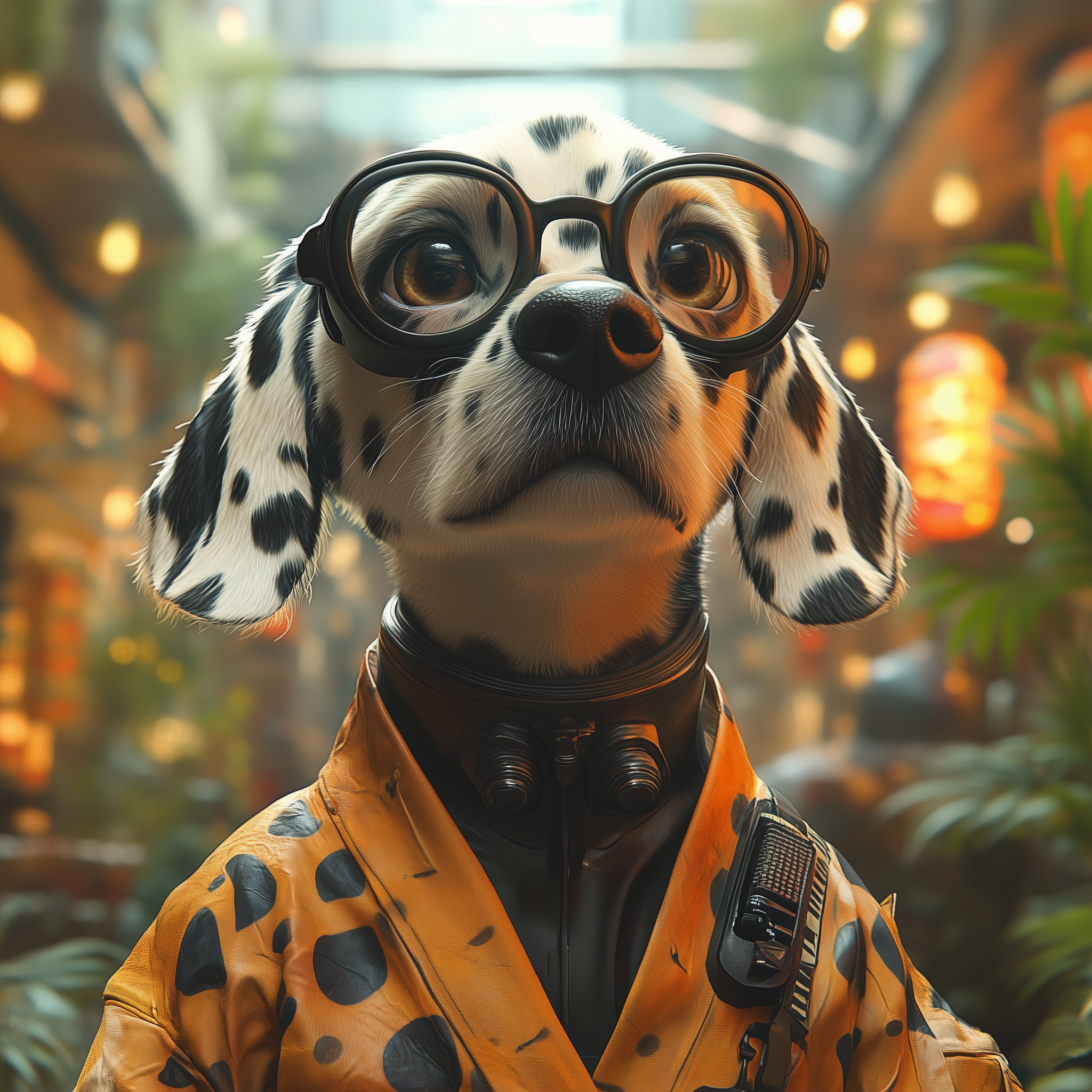 DESCRIBING: A square color photograph
DESCRIPTION: The Thomas 'Dog is a young Dalmatian pup, with oversized and thick-rimmed round glasses, looking slightly up and over the viewer of the image. Thomas is wearing an orange robe, with the distinctive Dalmation spots on it, and in the background is a nondescript street scene, like in an alley of a busy tropical city.