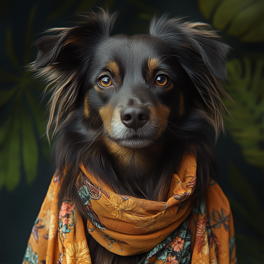 DESCRIBING: A square color photograph
DESCRIPTION: The 'Dog Hypatia is a black-and-tan collie, shown from the shoulders up, looking directly at the camera. She has an orange scarf around her neck and mostly black fur, including floppy ears that hang over and to the sides with subtle brown tips. The background is a nondescript and blurred tropical scene, as understood by the large leaves that can be inferred. She looks serious but also friendly. The inspiration for our Hypatia was the Greek mathematician in Alexandria  of the same name, about 1,600 years ago, who not only is the earliest known female mathematician of any historical note, but she also was the most prominent mathematician in the world at the time. Oh, and she was an astromer and philosopher on the side.