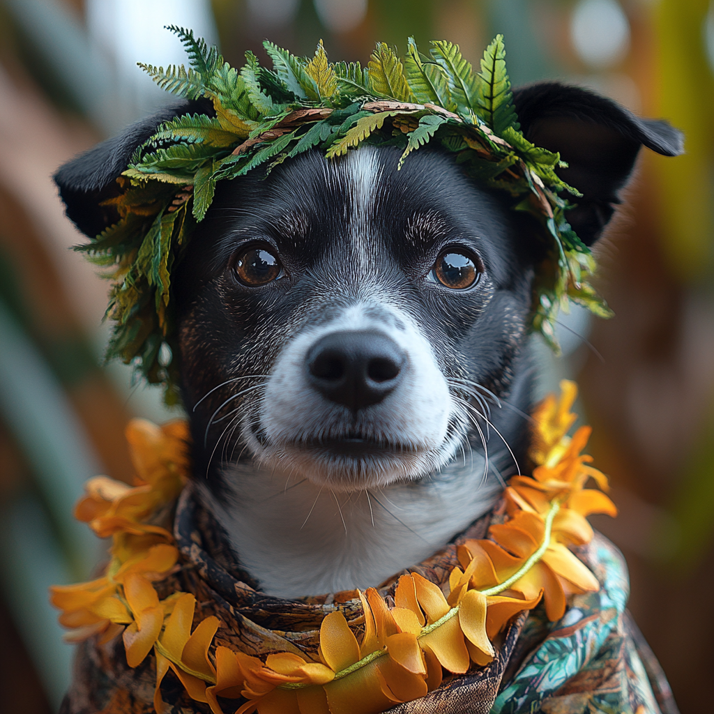 DESCRIBING: A square color photograph
DESCRIPTION: Like the historical Poni, the Poni of the UniD Guidedogs, and of this photo, is a poi dog in the best spirit of that label. The poi reference is to the ubiquitous local food that these dogs tended to eat in Hawaiʻi, because kalo was plentiful. Poi dogs typically were small and of a mixed-breed, like our Poni, as poi dogs also tended to be historically. In this case, Poni looks a bit like a terrier mix. She is facing the camera and has deep brown eyes, a relatively short snout, and her fur is a mix of mostly black on the head and ears and mostly white on the mouth and neck. Her image is based on the only available known photo of the real Poni. She is shown from the shoulders up. She is wearing a colorful aloha-print blouse, with browns and aqua blue and greens, with an orange lei, and a haku lei of various green ferns. The background of the image is mostly blurred, with hints of a tropical setting.