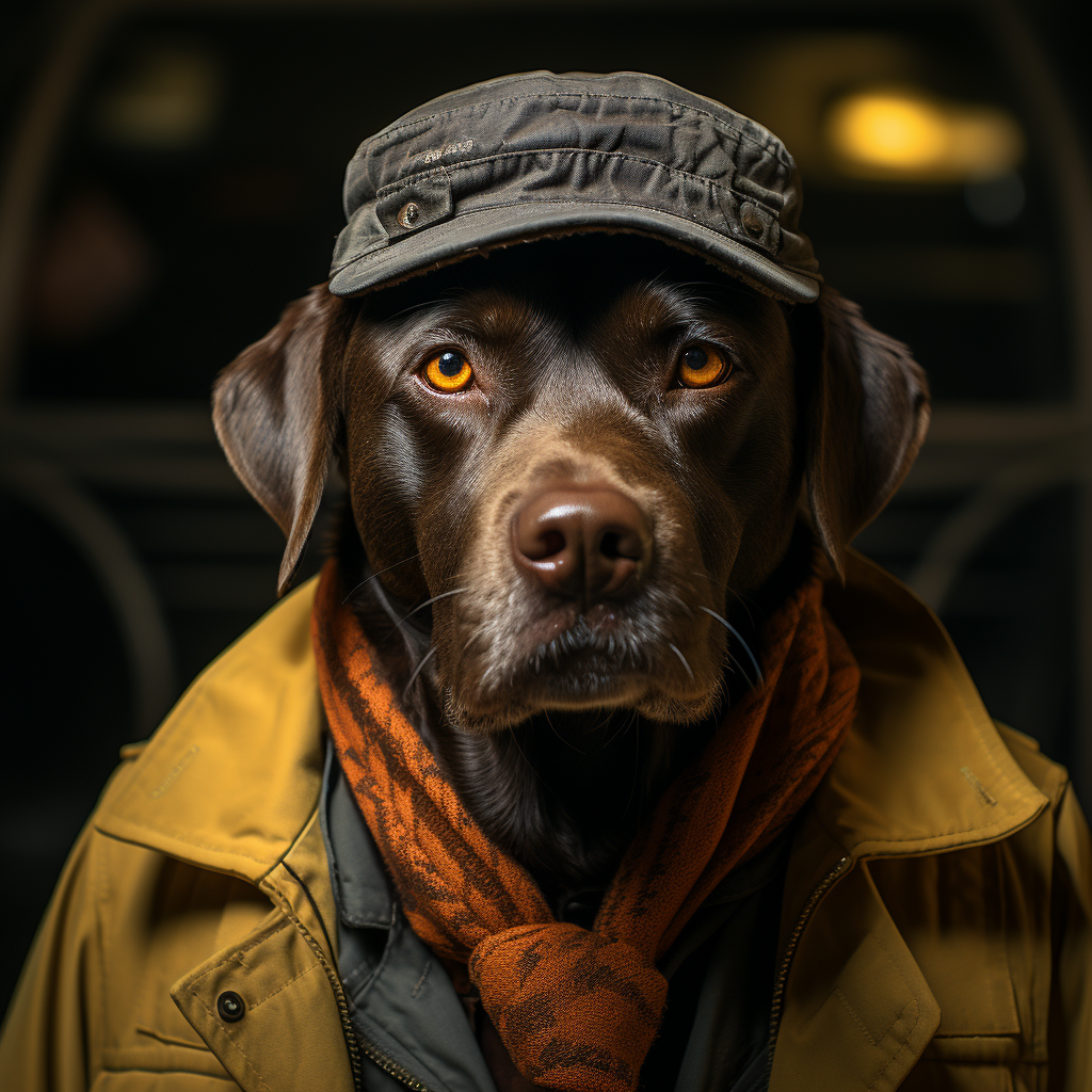 DESCRIBING: A square color photograph
DESCRIPTION: The Upton 'Dog is a chocolate lab, with floppy ears, shown from the shoulders up, looking straight at the viewer. He looks like he might be a blue-collar worker of some type, who might be coming out of a mine or other type of factory setting, wearing a heavy coat, mustard in color, an orange scarf, and a military green cap pulled down low.