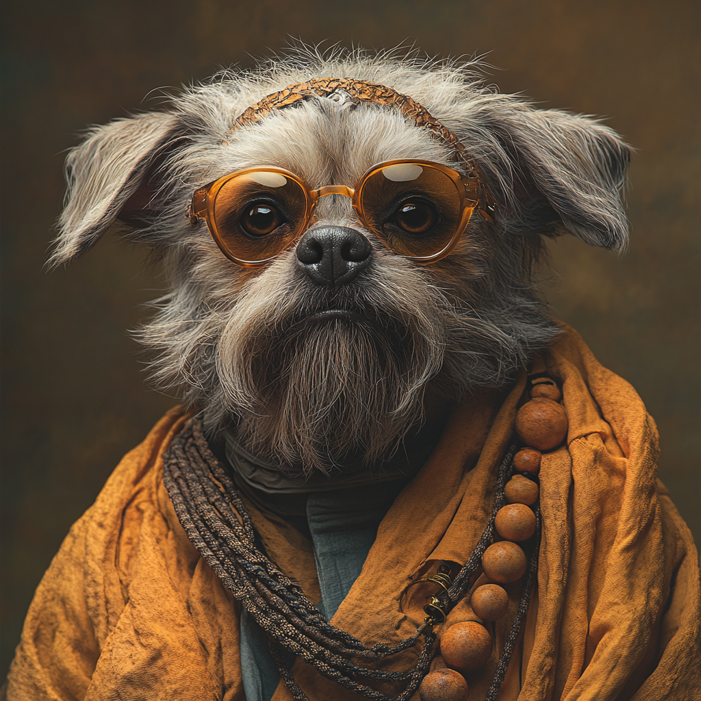 DESCRIBING: A square color photograph
DESCRIPTION: The Thomas 'Dog is a bearded, elder, Brussels Griffon, with gray fur. He is shown from the torso up, facing the camera, with a slight tilt of his body to his right, giving the impression of being relaxed and comfortable with his position in life. He is wearing an orange monk robe, with a matching scarf and beads around his neck, and with a thin headband across his forehead. He also is wearing dark-shaded round glasses on his face. He looks like he's just patiently waiting for you to start the conversation.