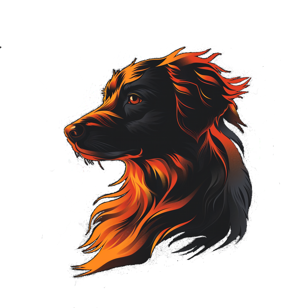 DESCRIBING: The Journalism Watchdogs logo, which is a shoulders-up view of a dog in profile, facing to dog's right.

DESCRIPTION: The Journalism Watchdogs logo shows a dog, in profile, from the shoulders up, turned to the dog's right. The dog's fur is black, with bright highlights in multiple shades of orange, giving almost a flame-like appearance. The dog's breed is difficult to discern in this stylized form, but it appears to be a black labrador, or a mix, with a medium-length snout, brownish orange eyes, and ears that fold down and flutter back, like being blown by the wind. The dog has a stoic expression, as if on-watch, looking into the distance, for anything of possible concern.