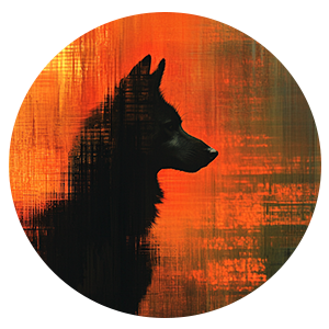 DESCRIBING: The Journalism Watchdogs logo, which is a shoulders-up view of a dog in profile, facing to dog's right.

DESCRIPTION: The Journalism Watchdogs logo shows a dog, in profile, from the shoulders up, turned to the dog's right. The dog's fur is black, with bright highlights in multiple shades of orange, giving almost a flame-like appearance. The dog's breed is difficult to discern in this stylized form, but it appears to be a black labrador, or a mix, with a medium-length snout, brownish orange eyes, and ears that fold down and flutter back, like being blown by the wind. The dog has a stoic expression, as if on-watch, looking into the distance, for anything of possible concern.